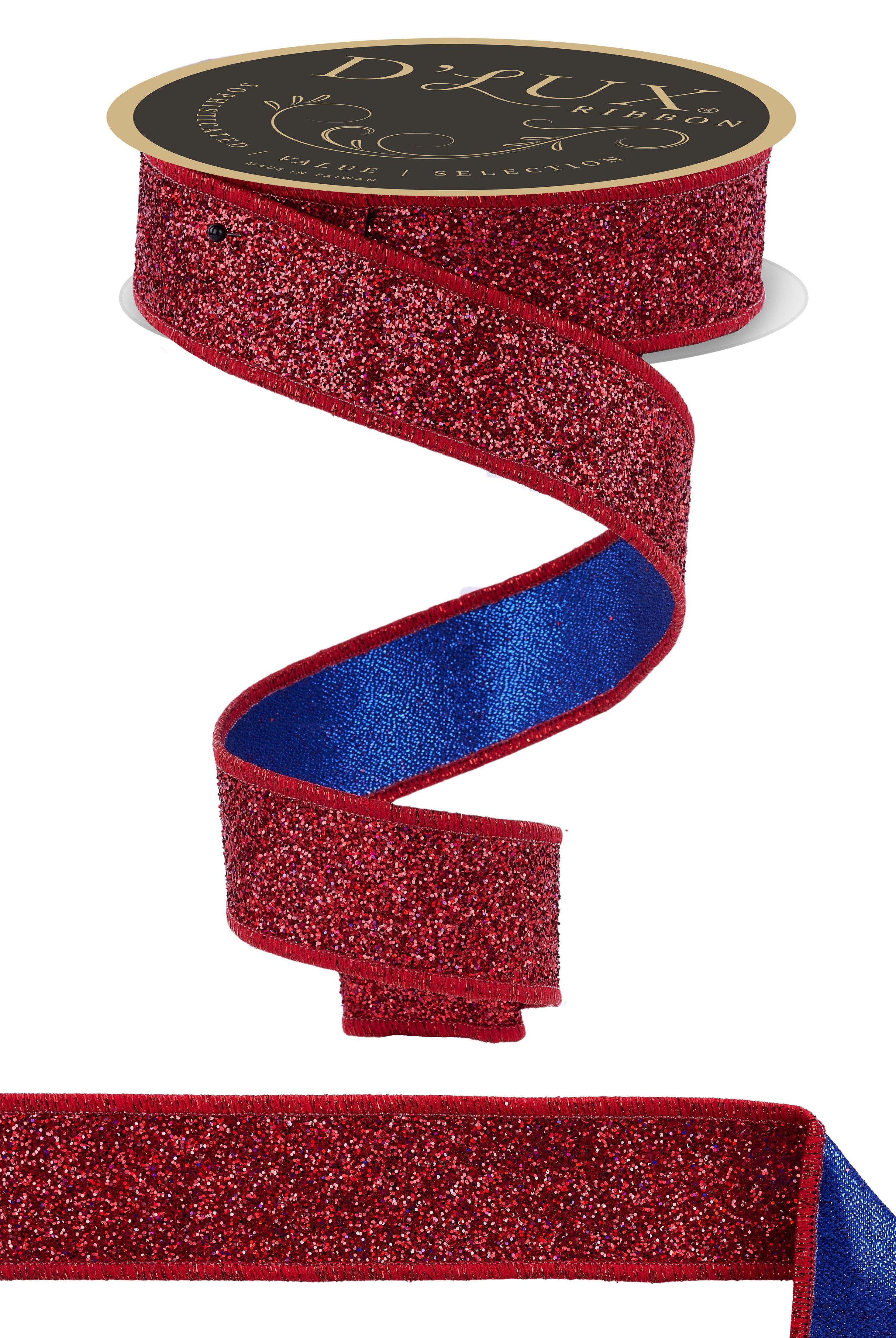 1.5-inch wired satin ribbon with laser red glitter on one side and blue on the other for patriotic crafts.