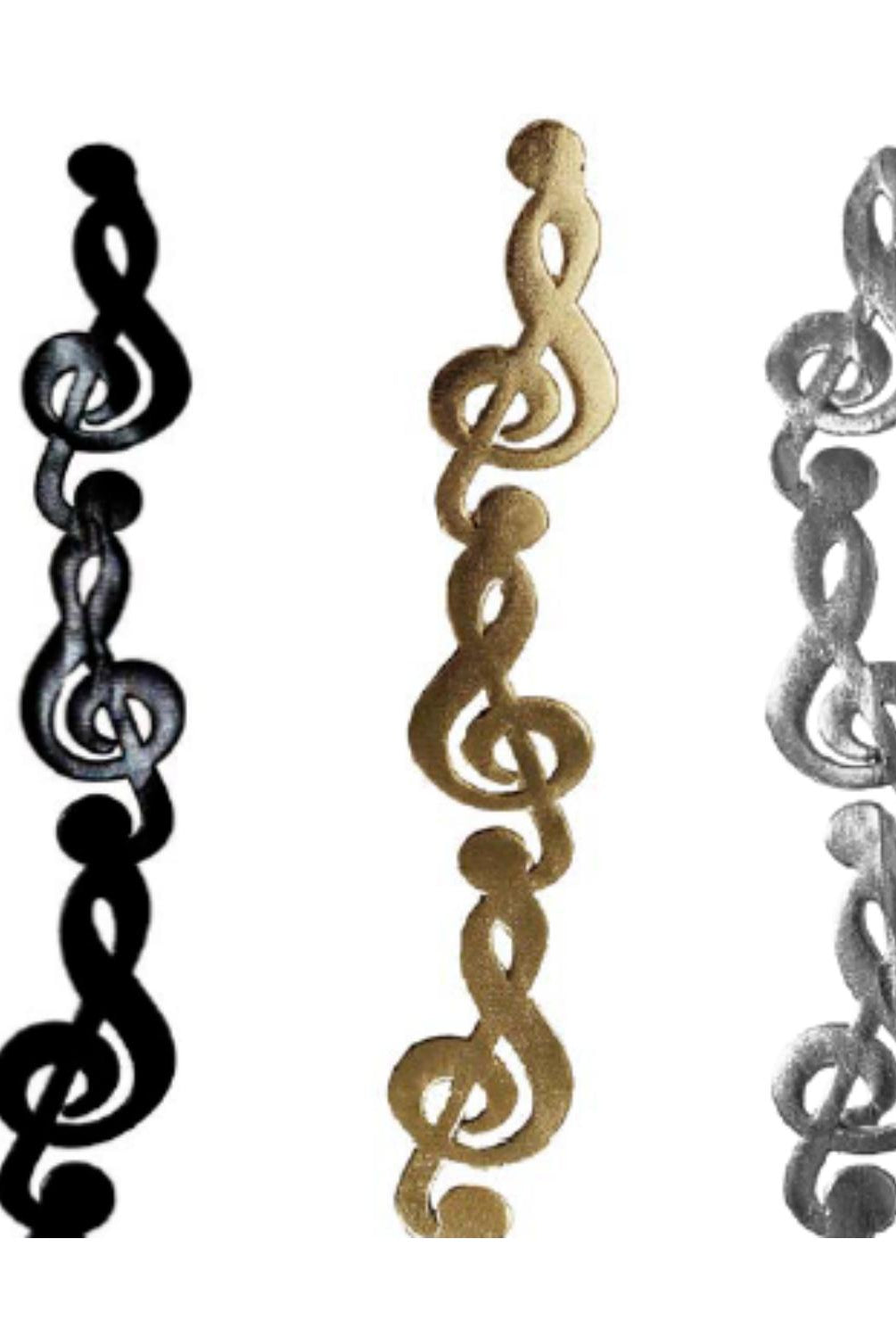 Set of metallic vinyl music note garlands in black, gold, and silver