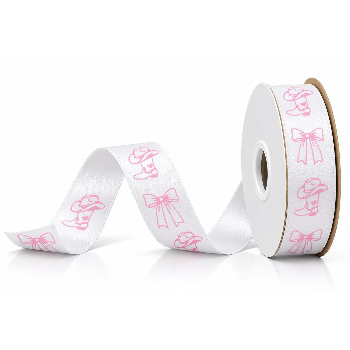 White satin acetate ribbon with pink cowboy boot and bow print, non-wired for homecoming mums
