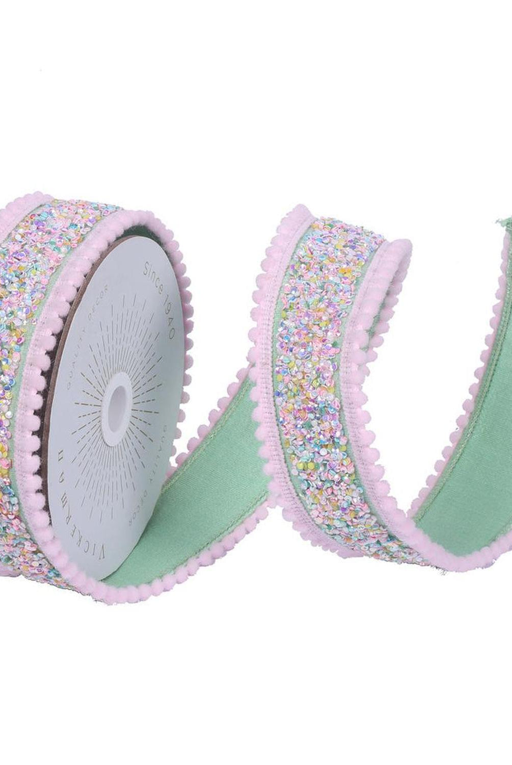 1.5" Frosty Mint Sequin Pink Ribbon (10 Yards)