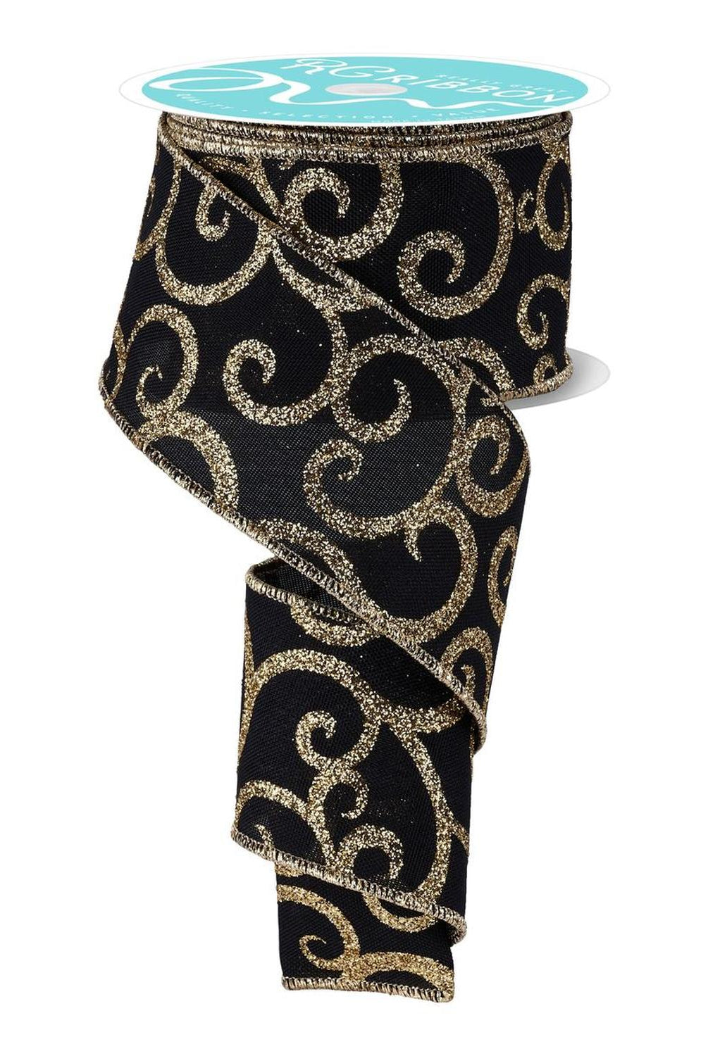 2.5" Glitter Swirl Ribbon: Black/Gold (10 Yards)