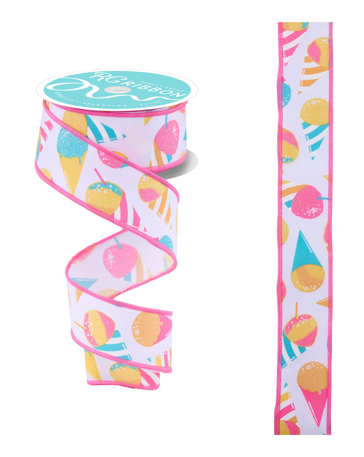 White wired edge ribbon with pink yellow teal snow cone print and glitter