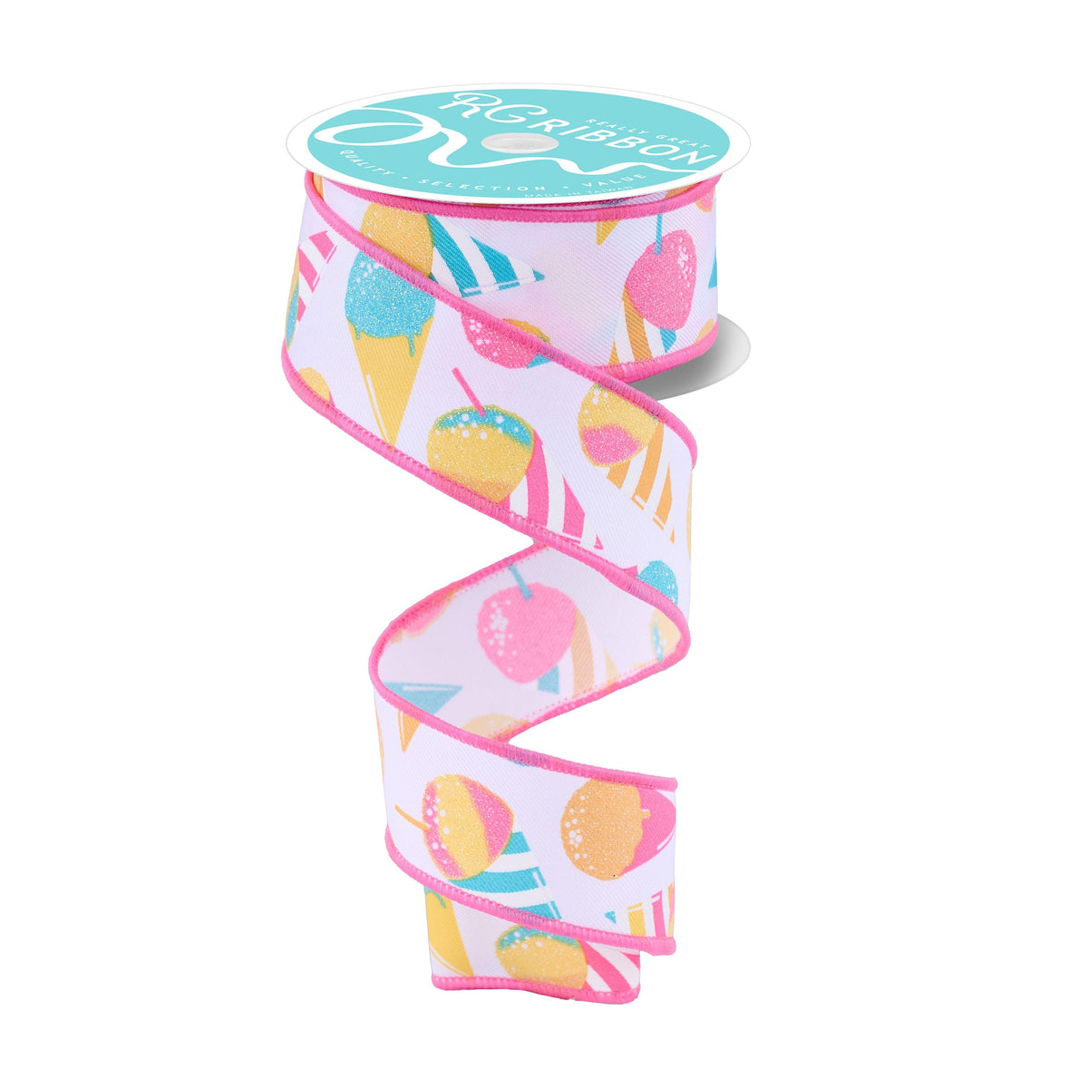 Snow cone pattern wired gift ribbon with hot pink stitched edges