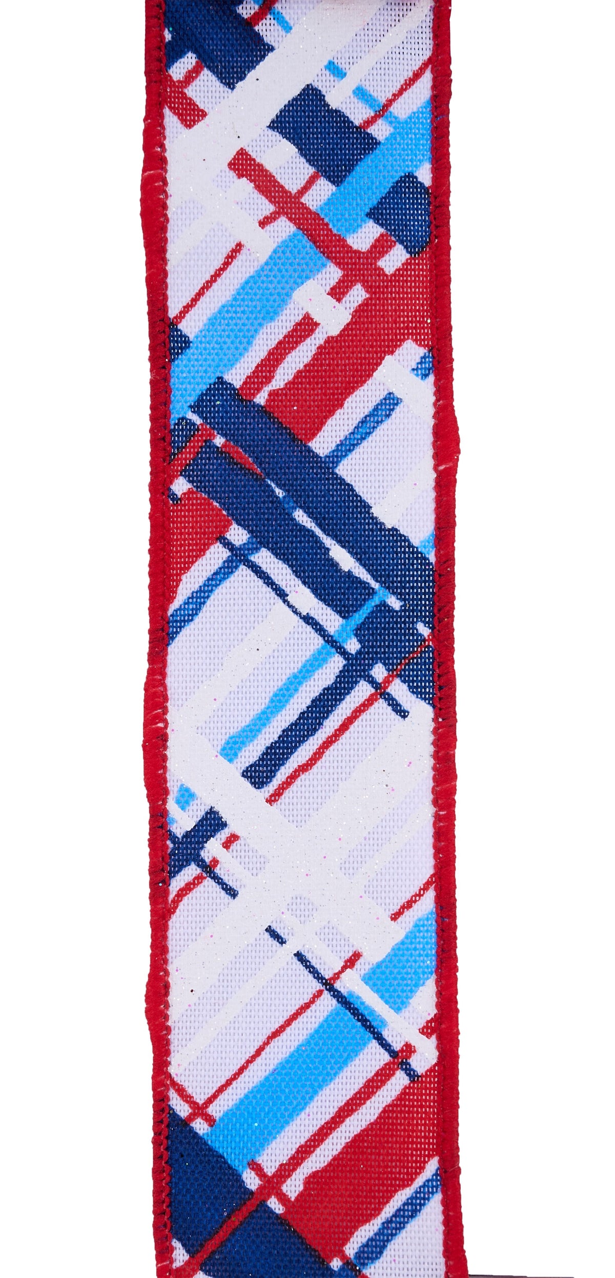 Red white and blue diagonal plaid wired edge ribbon on faux burlap base