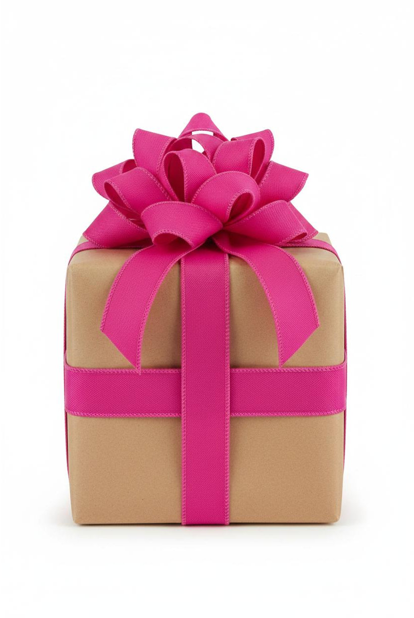 Gift box wrapped in 7/8-inch fuchsia diagonal weave wired ribbon with a large decorative bow.