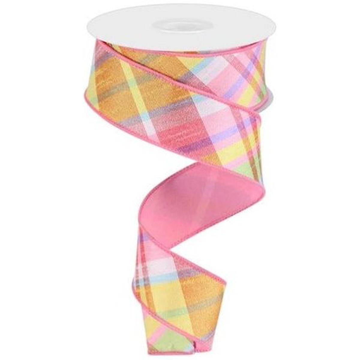 Shop For 1.5" Diagonal Plaid Fused Ribbon: Light Pink/Yellow (10 Yards) at Michelle's aDOORable Creations