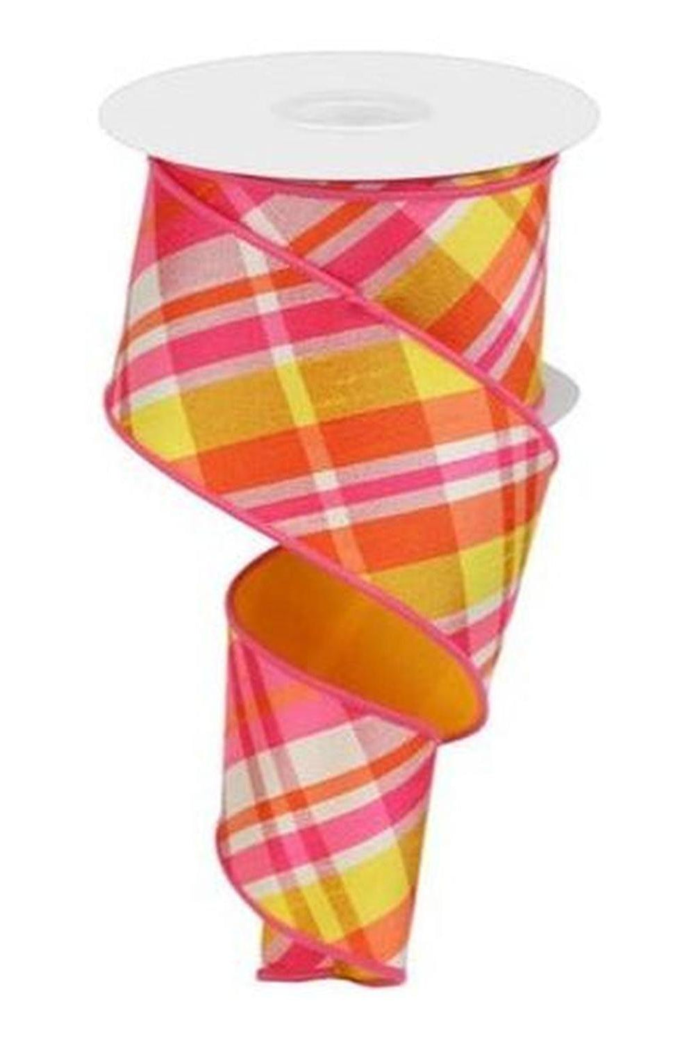 Shop For 2.5" Diagonal Plaid Fused Ribbon: Hot Pink/Yellow (10 Yards) at Michelle's aDOORable Creations