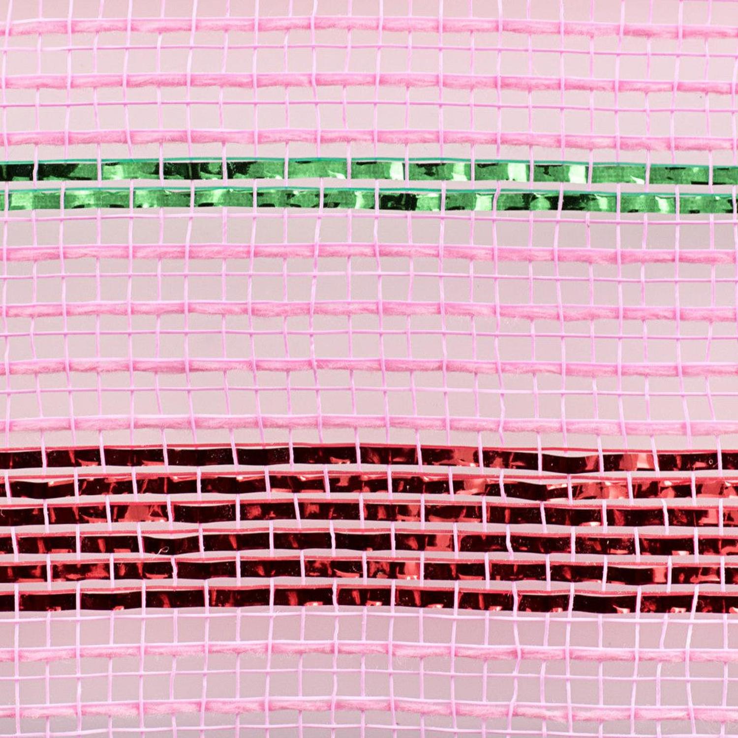 10.25" Poly Faux Jute Metallic Mesh Ribbon: Lt Pink/Red/Emerald (10 Yards)