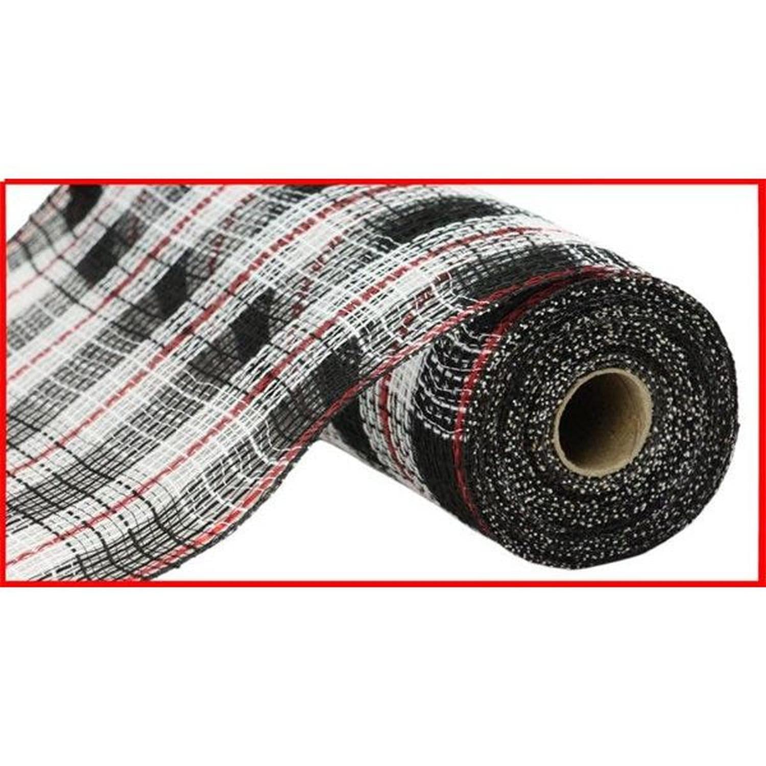 10.5" Faux Jute Check Foil Mesh Ribbon: Black/Red (10 Yards)