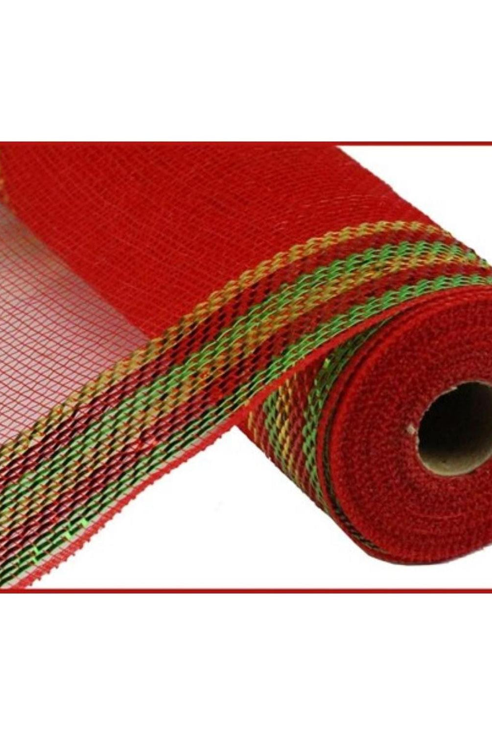 10.5" Border Stripe Metallic Mesh Ribbon: Red/Lime/Gold (10 Yards)