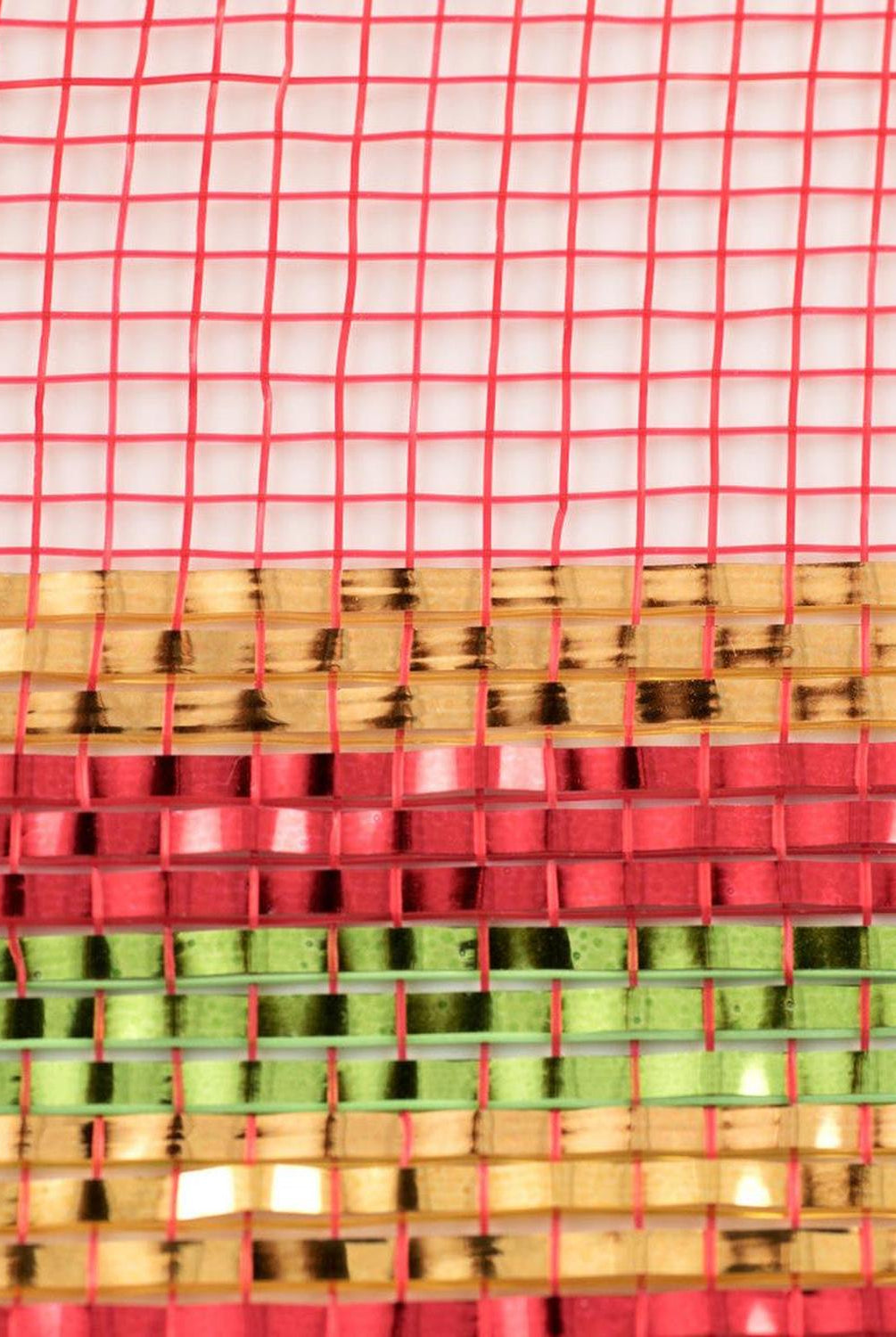 10.5" Border Stripe Metallic Mesh Ribbon: Red/Lime/Gold (10 Yards)