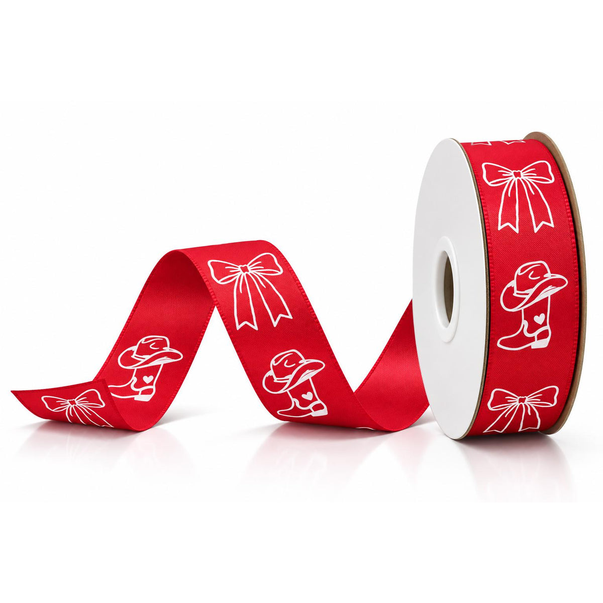 Red #9 satin ribbon with white boot and bow print for homecoming mums