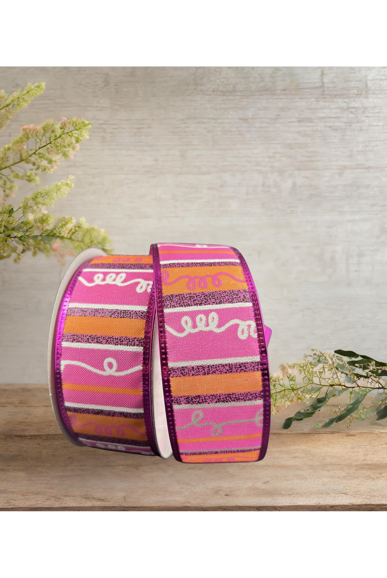 Shop For 1.5" Glitter Loopy Stripes Ribbon: Fuchsia, Orange, Black (10 Yards) at Michelle's aDOORable Creations