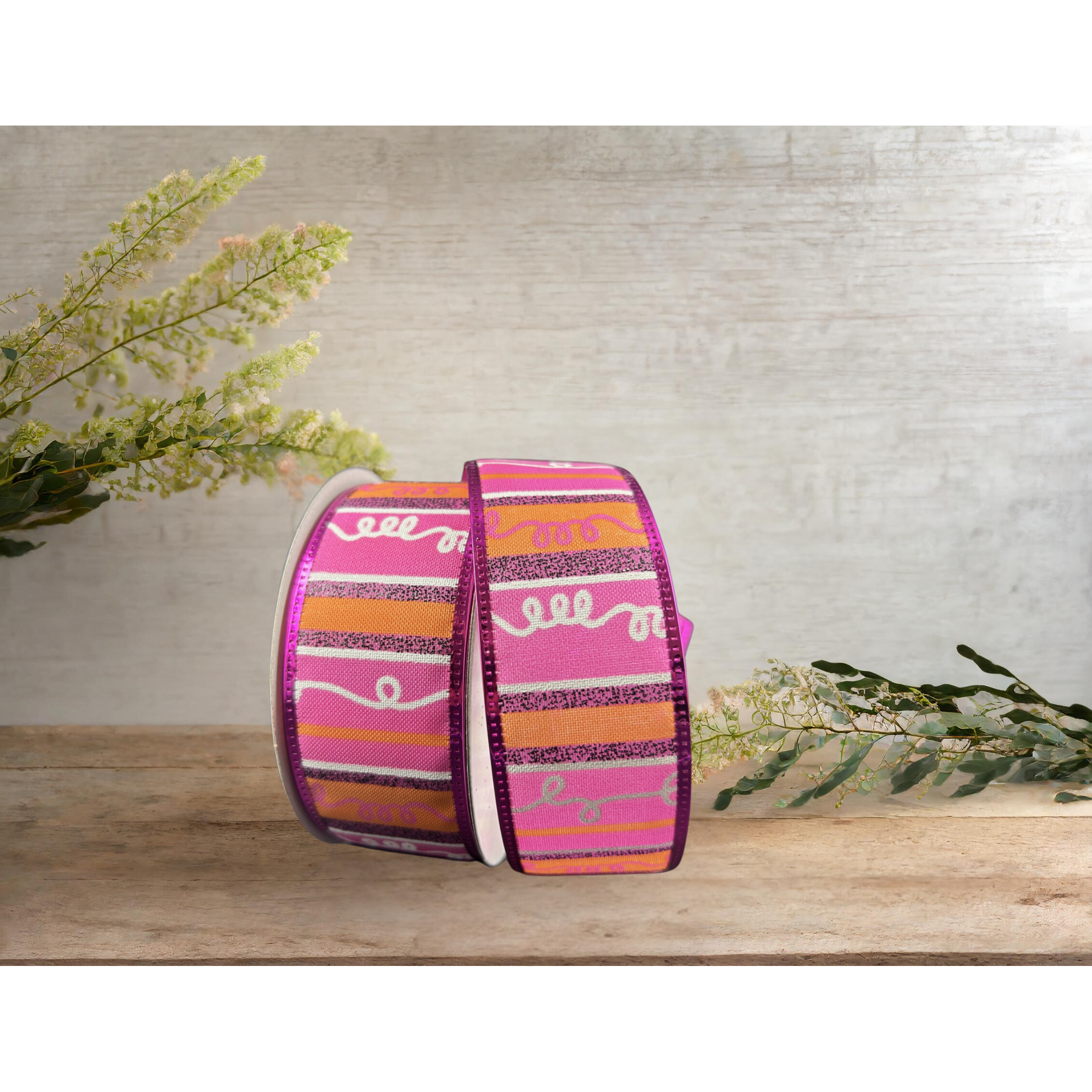Shop For 1.5" Glitter Loopy Stripes Ribbon: Fuchsia, Orange, Black (10 Yards) at Michelle's aDOORable Creations