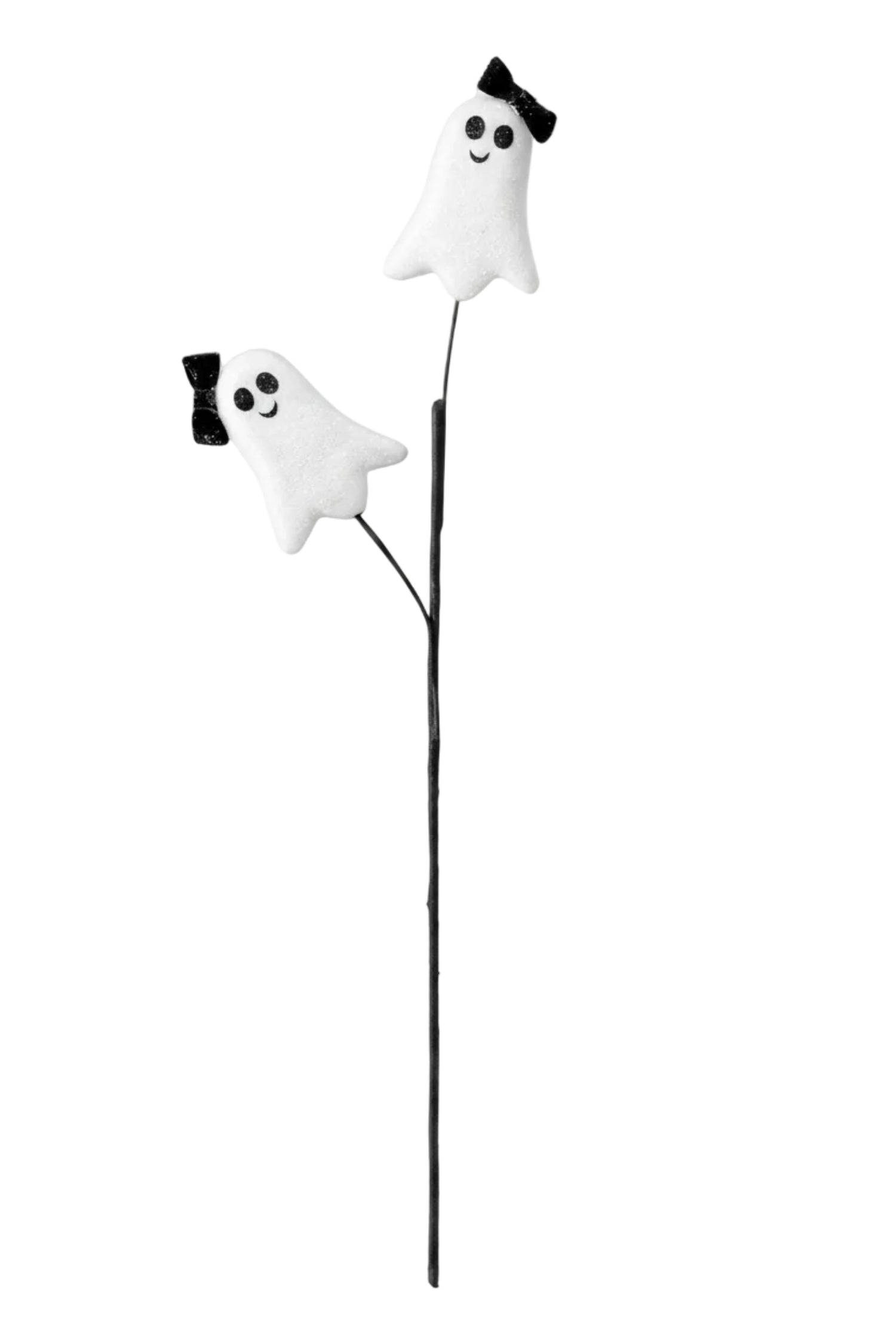 26-inch Halloween ghost spray featuring two white glittered foam ghosts with black glittered bows on a wire stem.