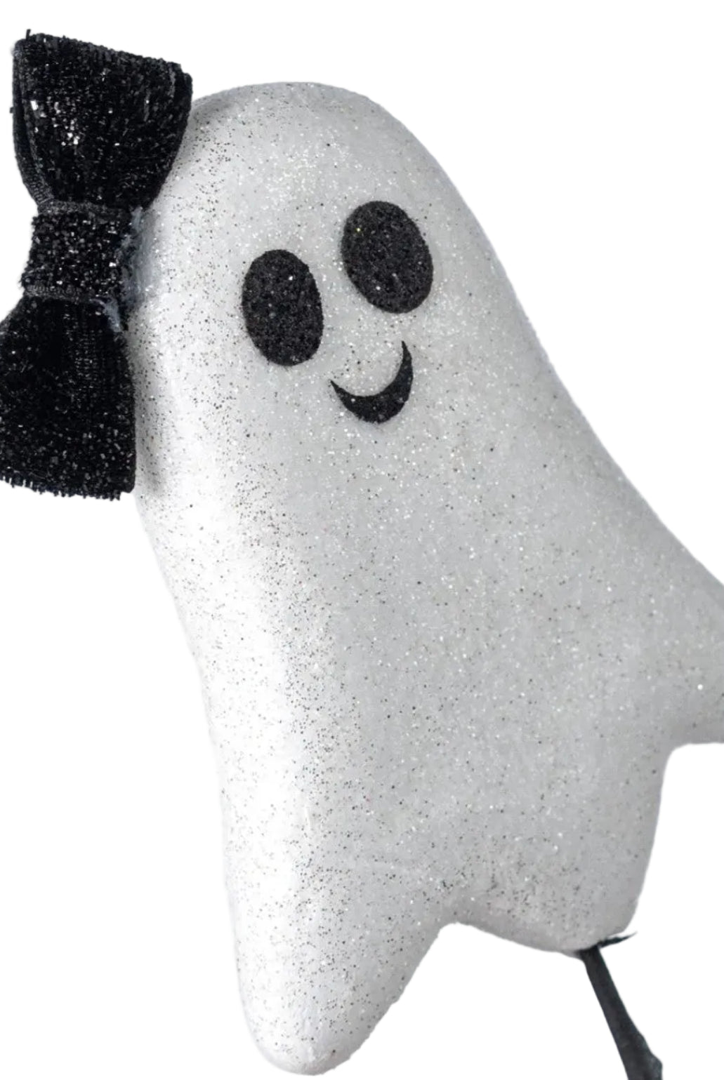 5-inch white glittered foam ghost with a black glitter fabric bow for Halloween floral arrangements.