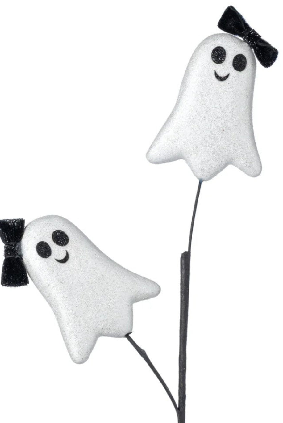 26-inch Halloween ghost spray featuring two white glittered foam ghosts with black glittered bows on a wire stem.