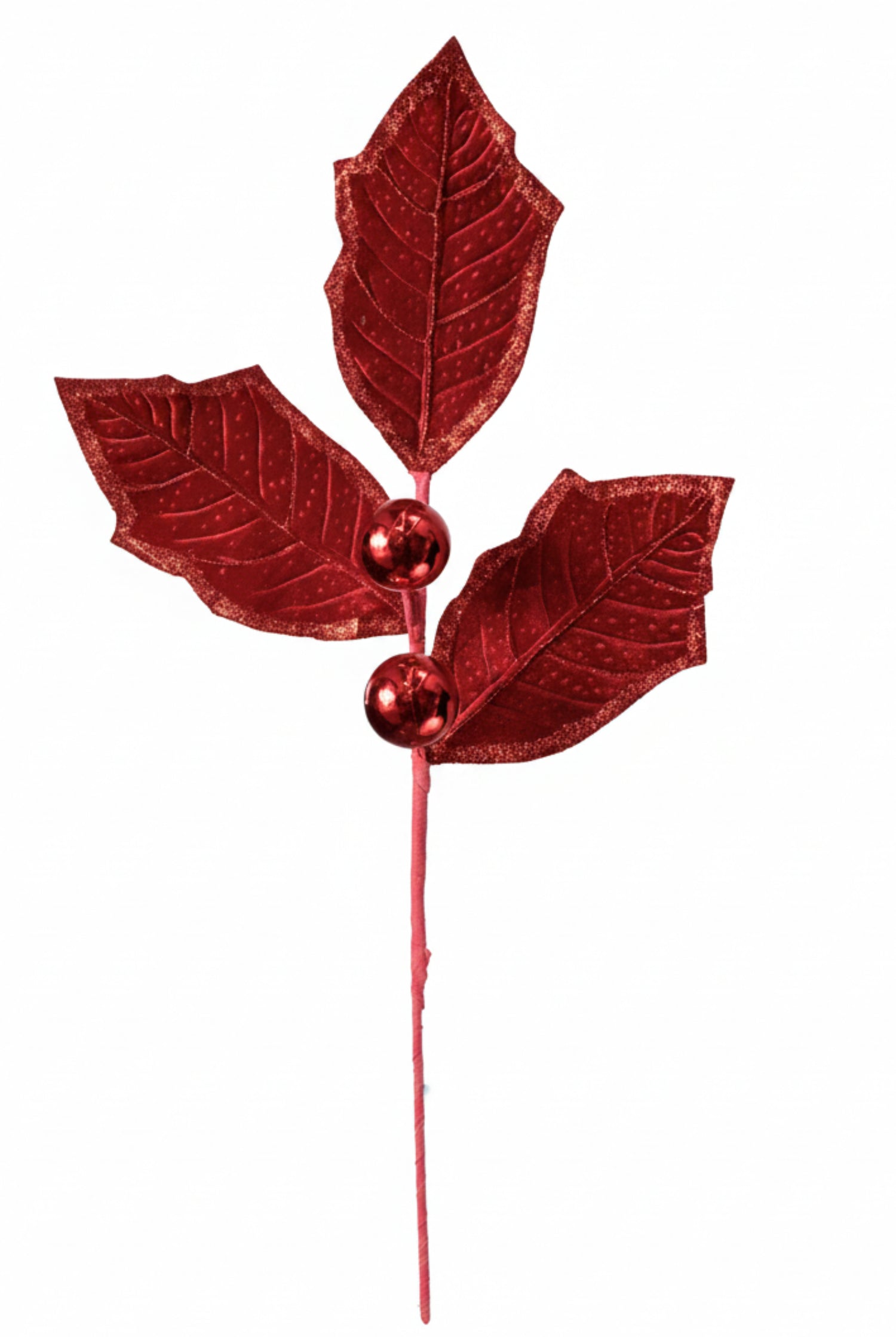 39-inch red holly spray with three velvet fabric leaves, glitter edges, and two metallic red berries on a wired stem.