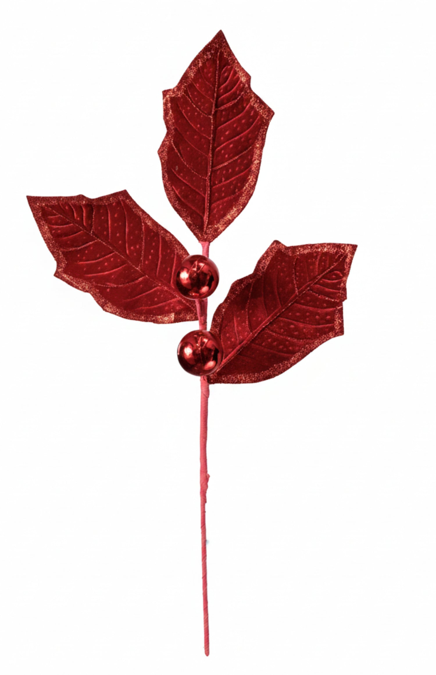 39-inch red holly spray with three velvet fabric leaves, glitter edges, and two metallic red berries on a wired stem.