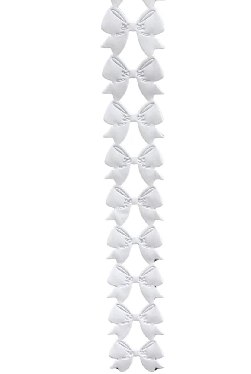 White metallic vinyl puffy bow garland with glossy texture