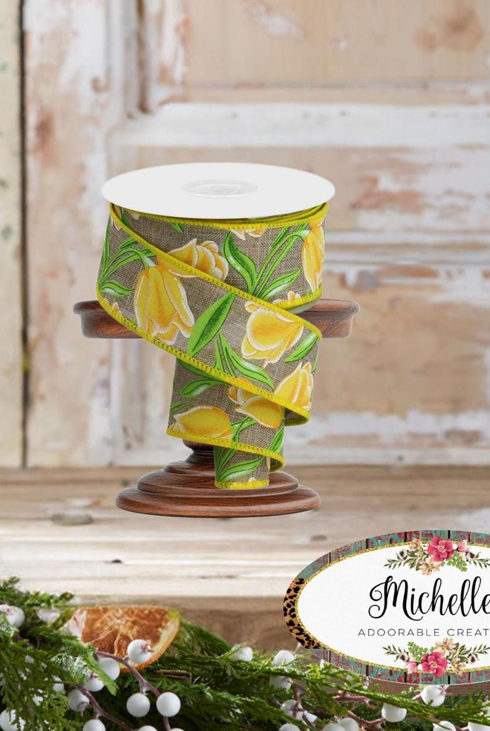 1.5" Tulips on Royal Ribbon: Yellow (10 Yards)