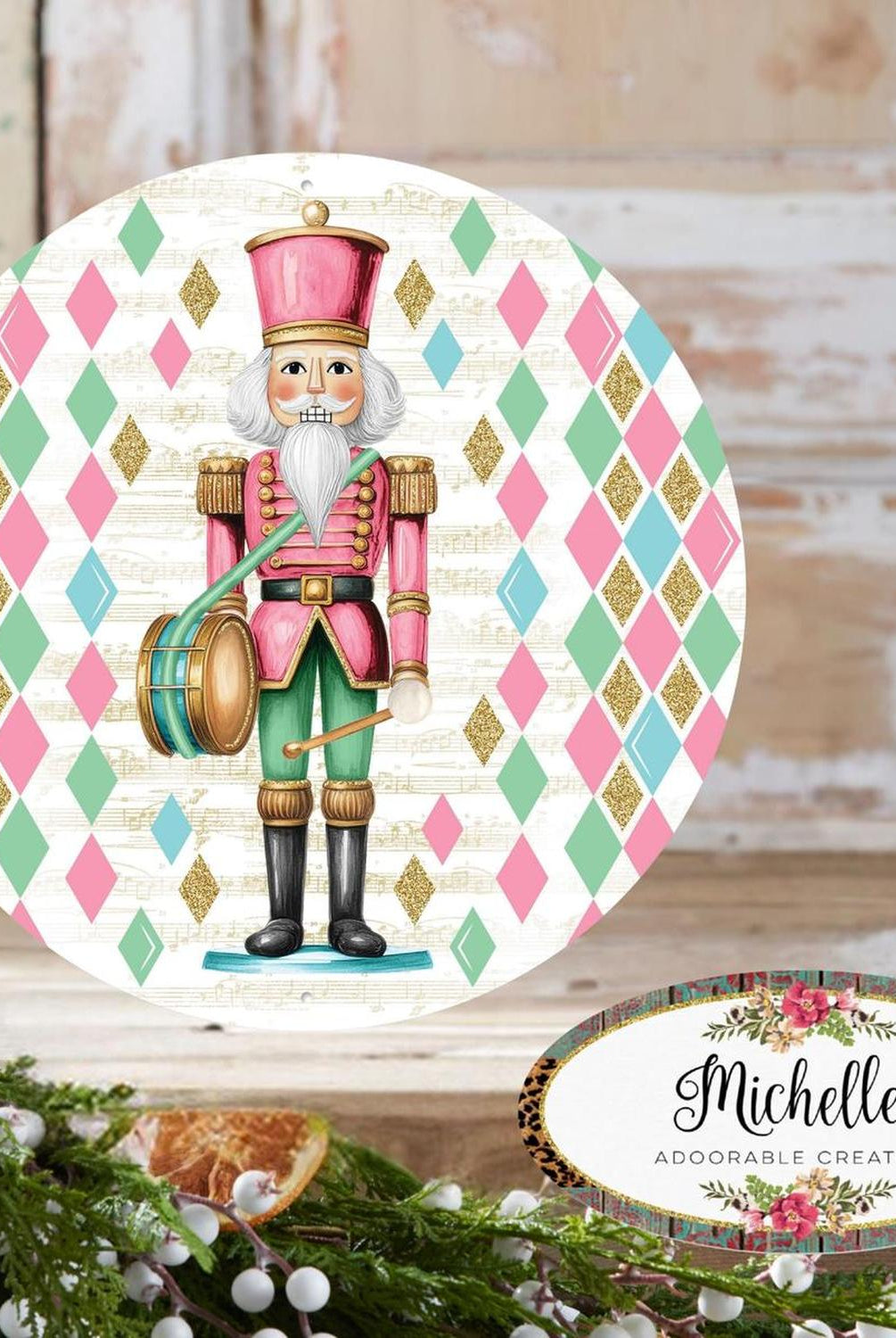 12" Metal Round Sign: Glitter Pastel Nutcracker