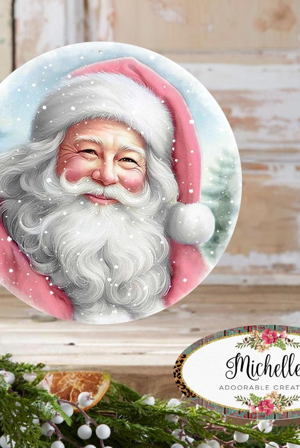 12" Metal Round Sign: Pink Santa Portrait