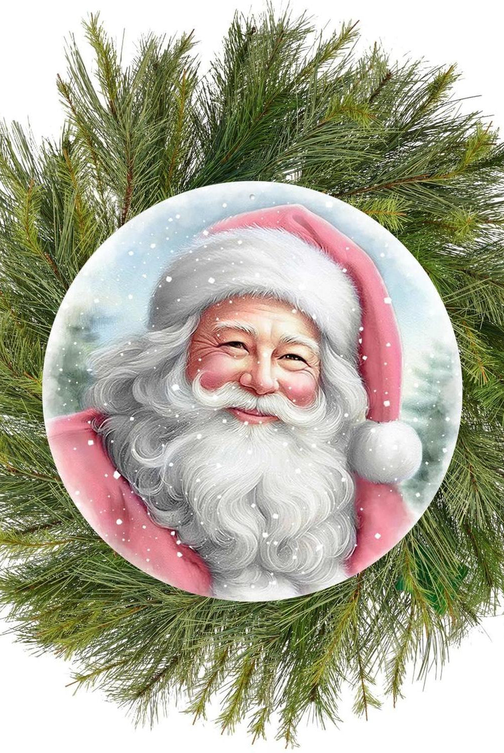 12" Metal Round Sign: Pink Santa Portrait