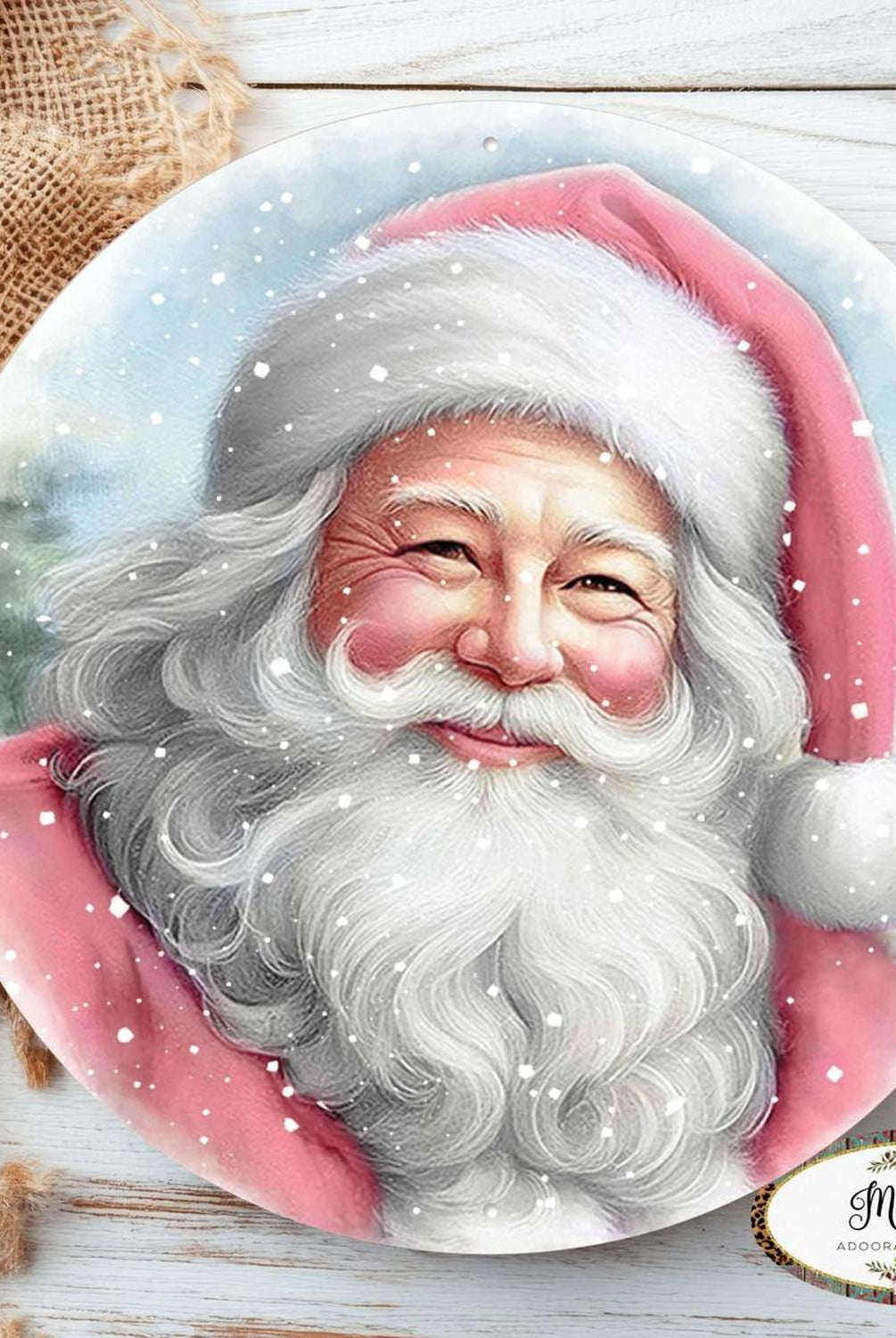 12" Metal Round Sign: Pink Santa Portrait