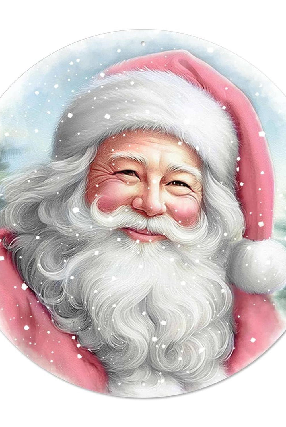 12" Metal Round Sign: Pink Santa Portrait