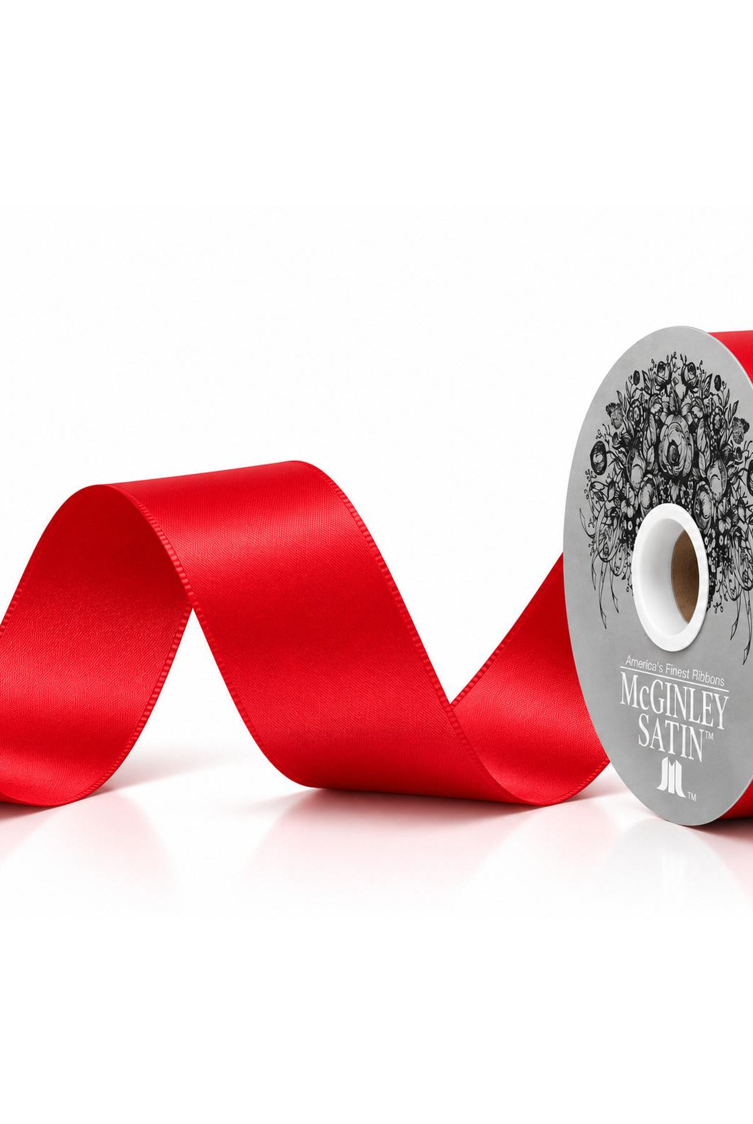 McGinley red satin acetate ribbon spool with silver label