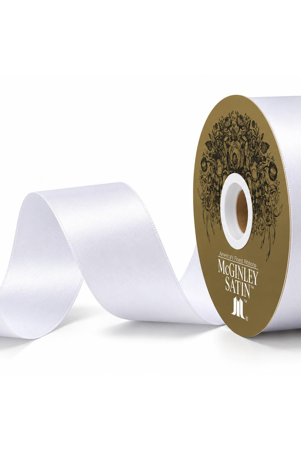 White satin ribbon roll with curled end and branded gold label