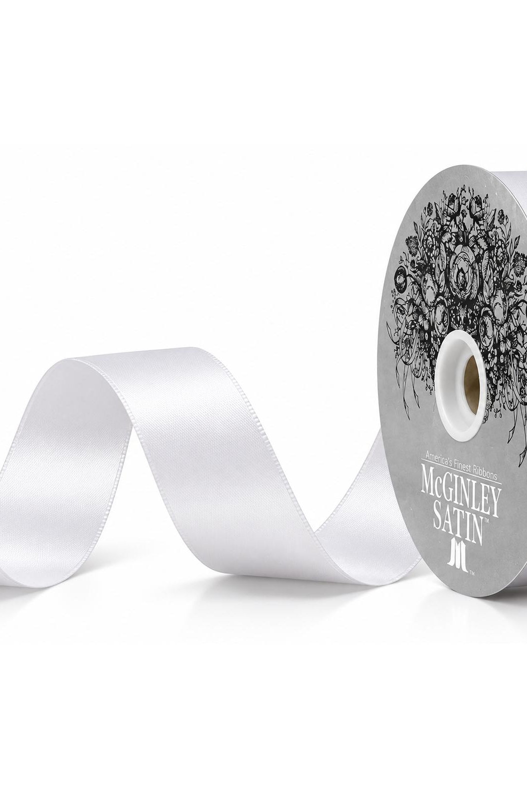 White satin acetate ribbon spool with smooth lustrous finish and stitched edges
