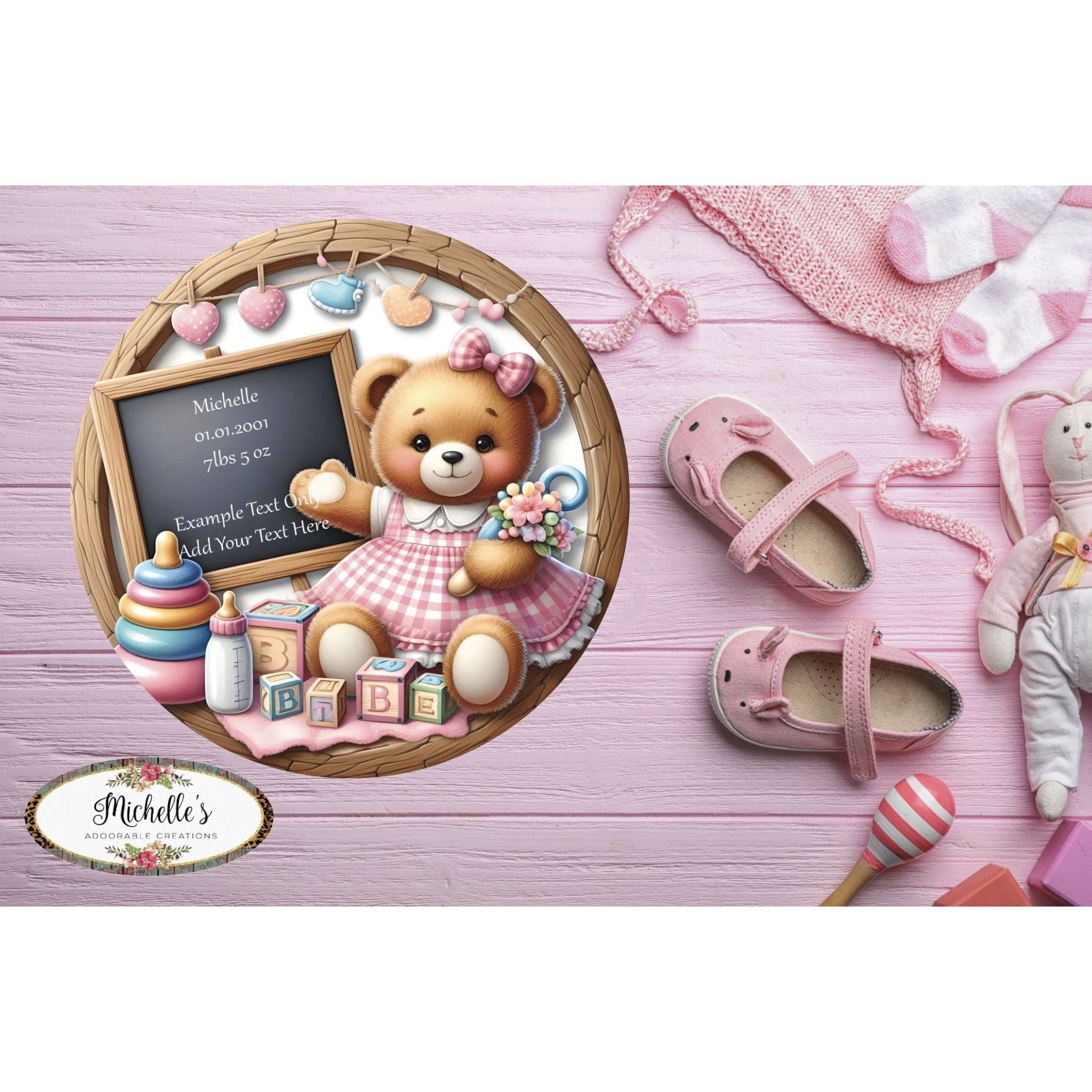 Shop For Baby Bear Girl Announcement Round Sign at Michelle's aDOORable Creations