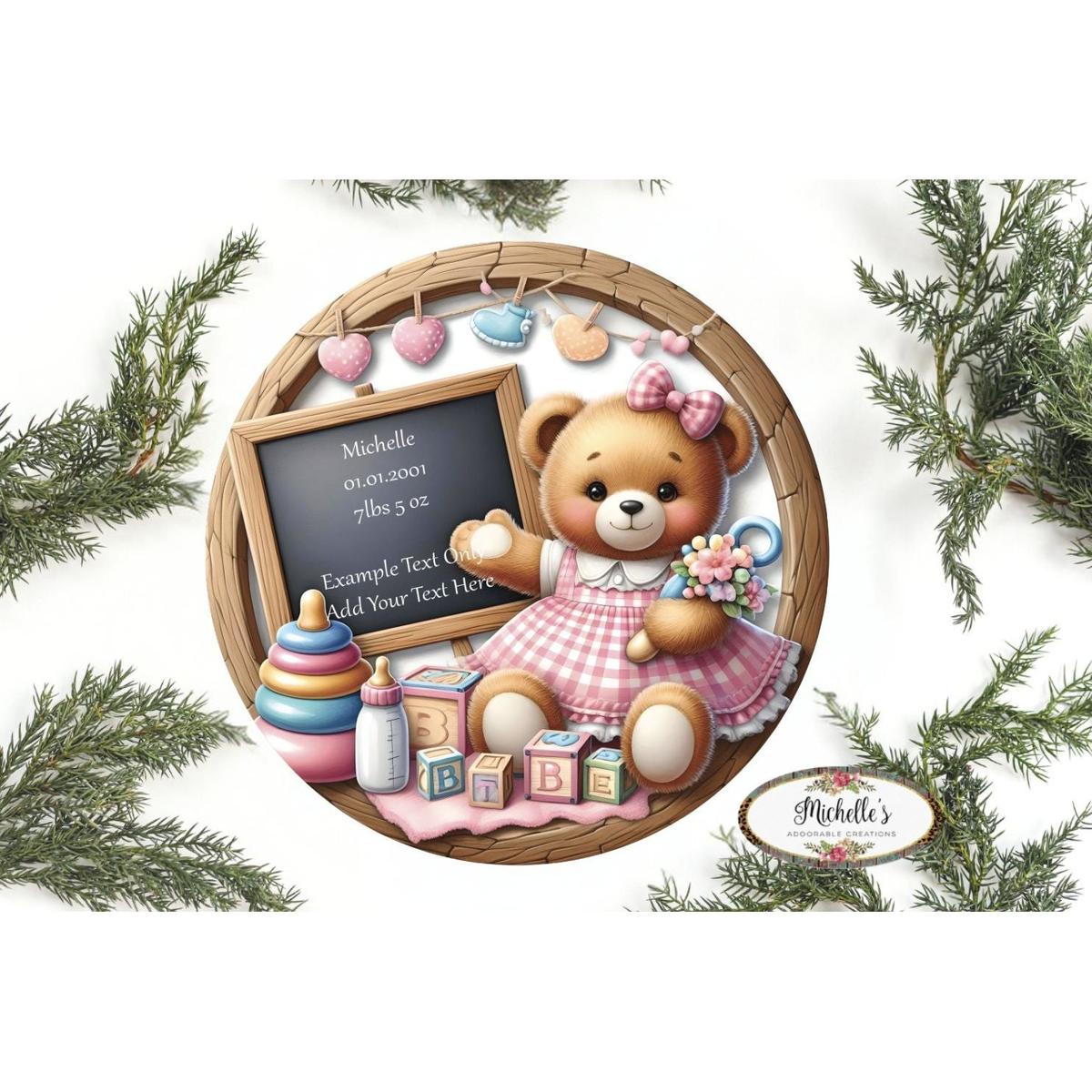Shop For Baby Bear Girl Announcement Round Sign at Michelle's aDOORable Creations