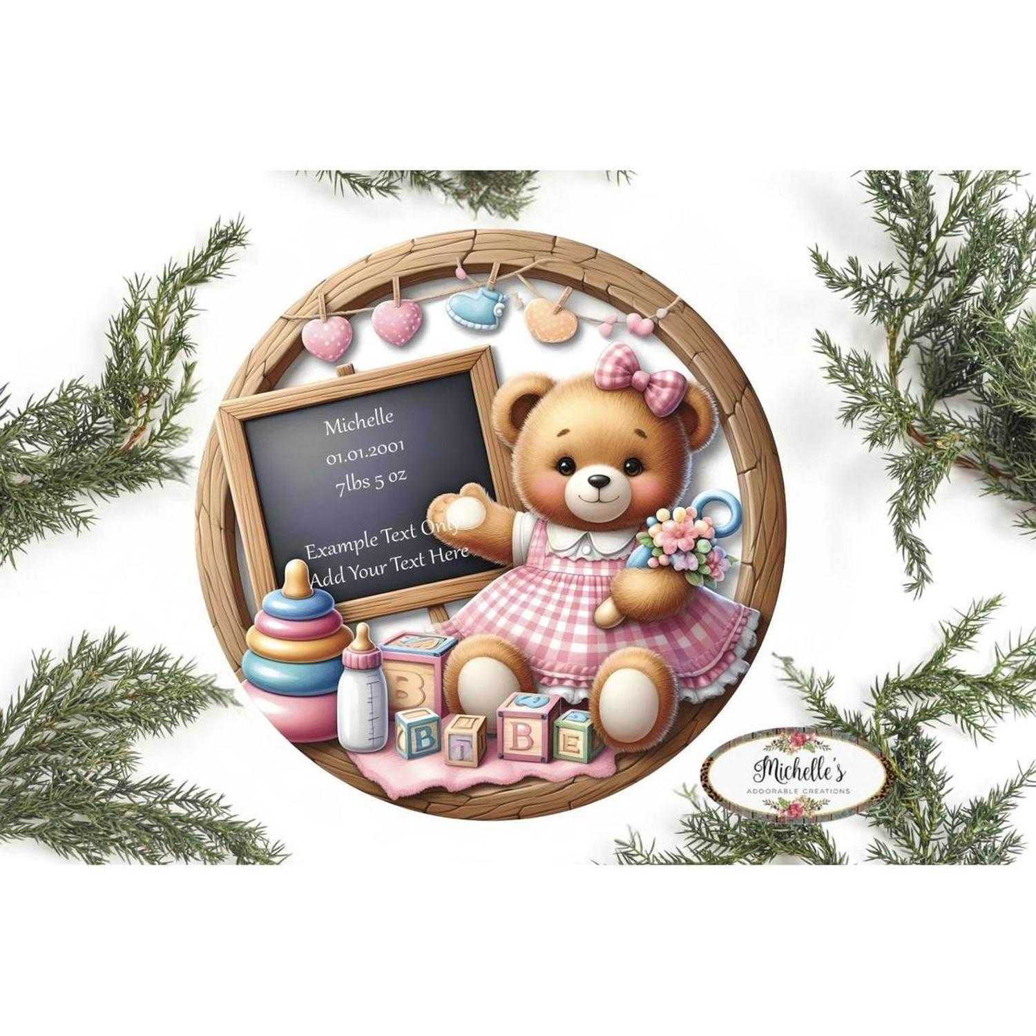 Shop For Baby Bear Girl Announcement Round Sign at Michelle's aDOORable Creations