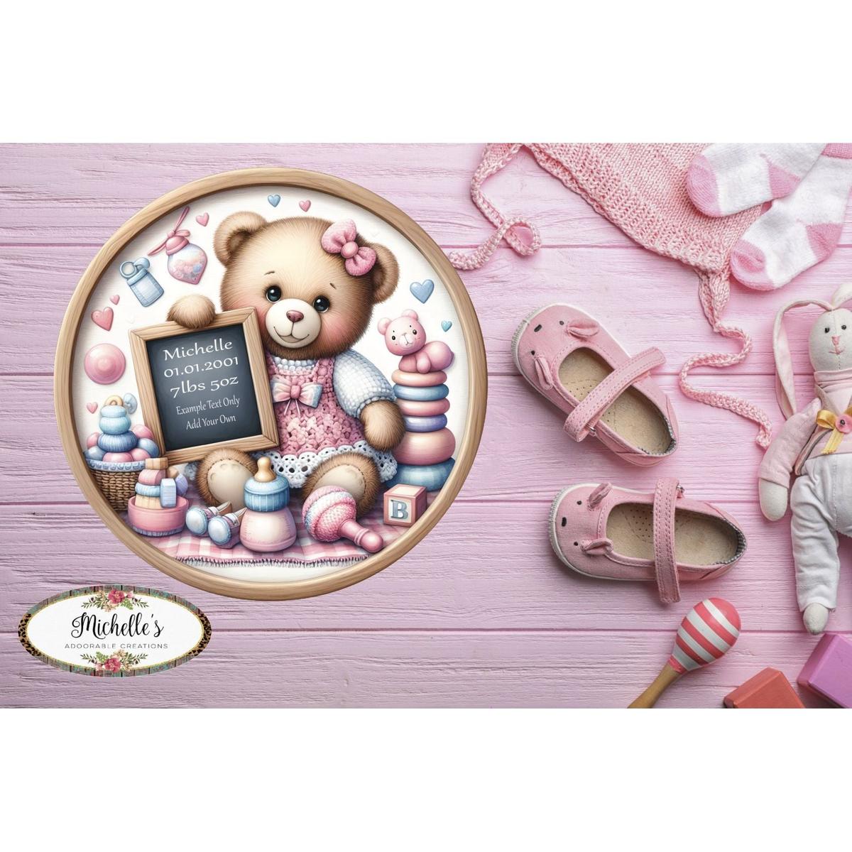 Shop For Baby Girl Bear Announcement Round Sign at Michelle's aDOORable Creations