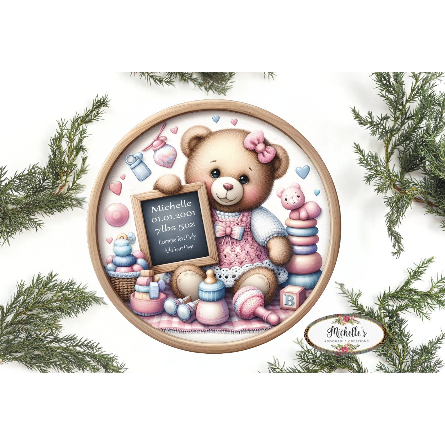 Shop For Baby Girl Bear Announcement Round Sign at Michelle's aDOORable Creations