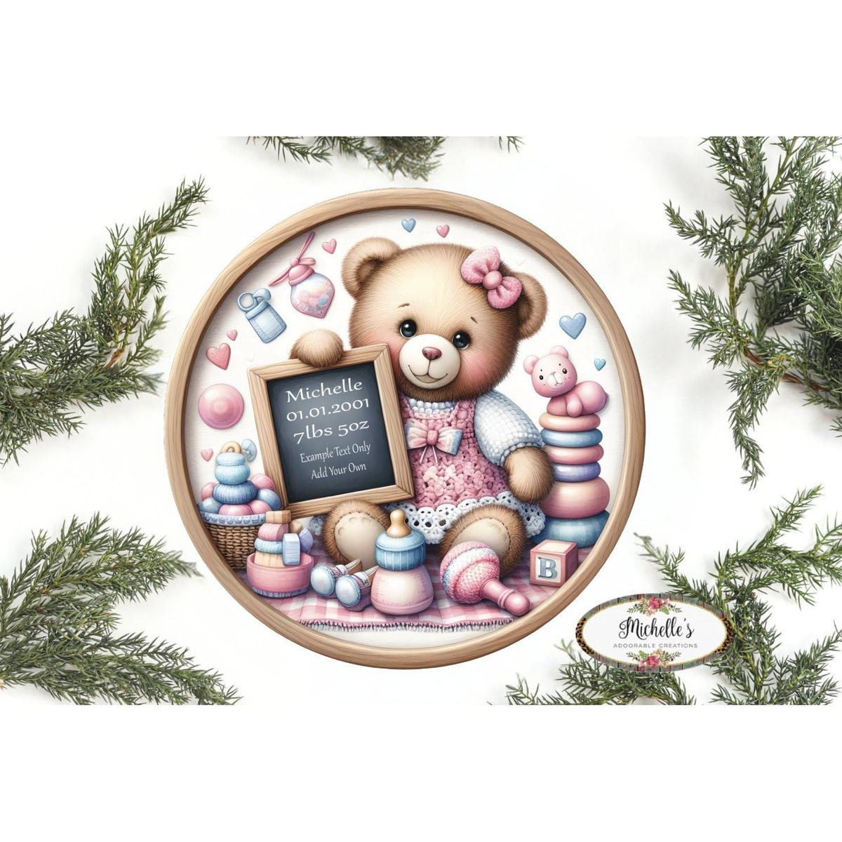 Shop For Baby Girl Bear Announcement Round Sign at Michelle's aDOORable Creations