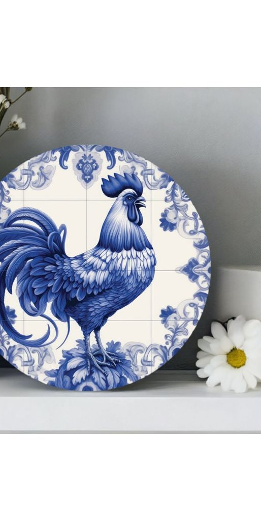 Blue Azulejo Rooster Round Sign - Michelle's aDOORable Creations - Signature Signs