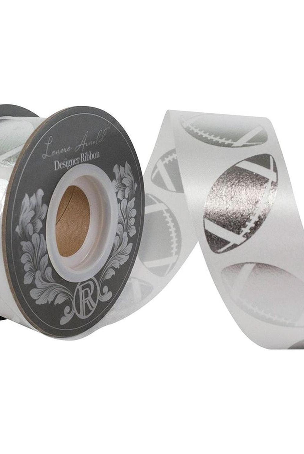 1 3/8 in Homecoming Football Ribbon: White/Silver (25 Yards)