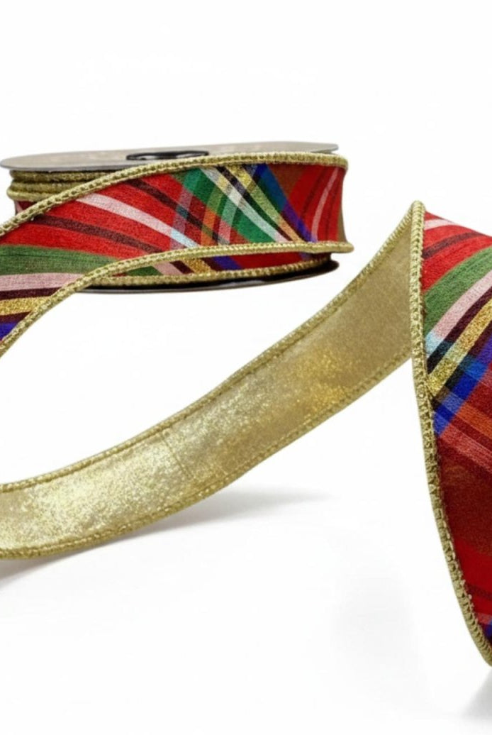Shop For 1" Faux Dupioni Gold Back Diagonal Nutcracker Plaid Ribbon (10 Yards)