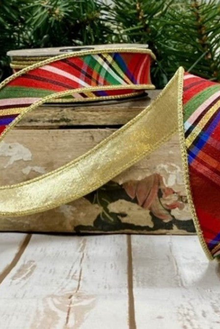 Shop For 1" Faux Dupioni Gold Back Diagonal Nutcracker Plaid Ribbon (10 Yards)