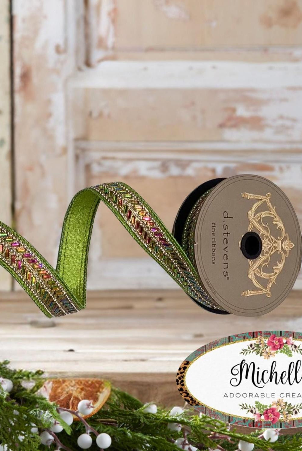 1" Metallic Dupion Herringbone Jewel Ribbon: Lime (5 Yards)