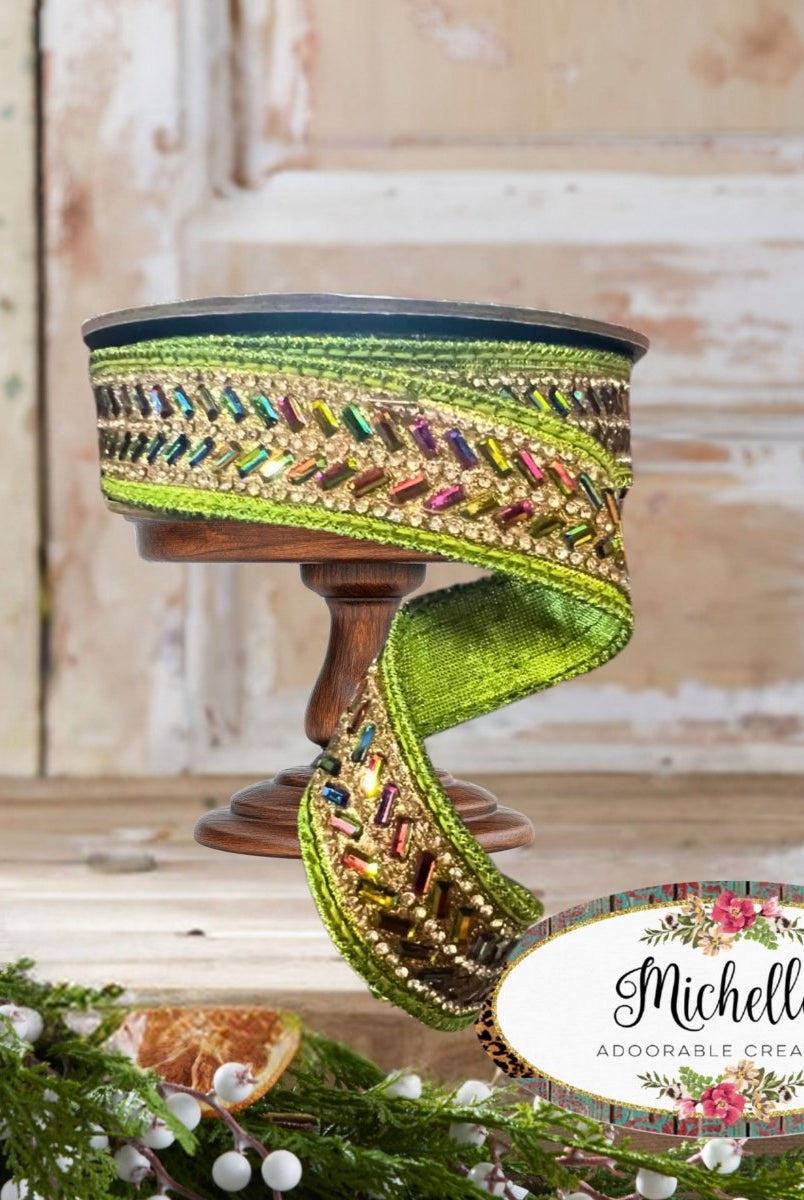 Shop For 1" Metallic Dupion Herringbone Jewel Ribbon: Lime (5 Yards)