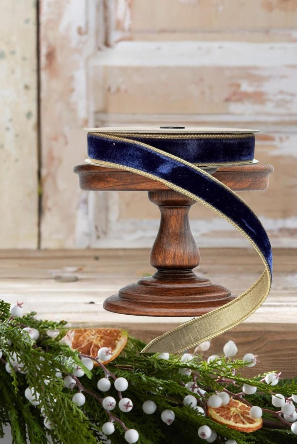 1" Two Tone Velvet Ribbon: Navy/Gold (10 Yards)