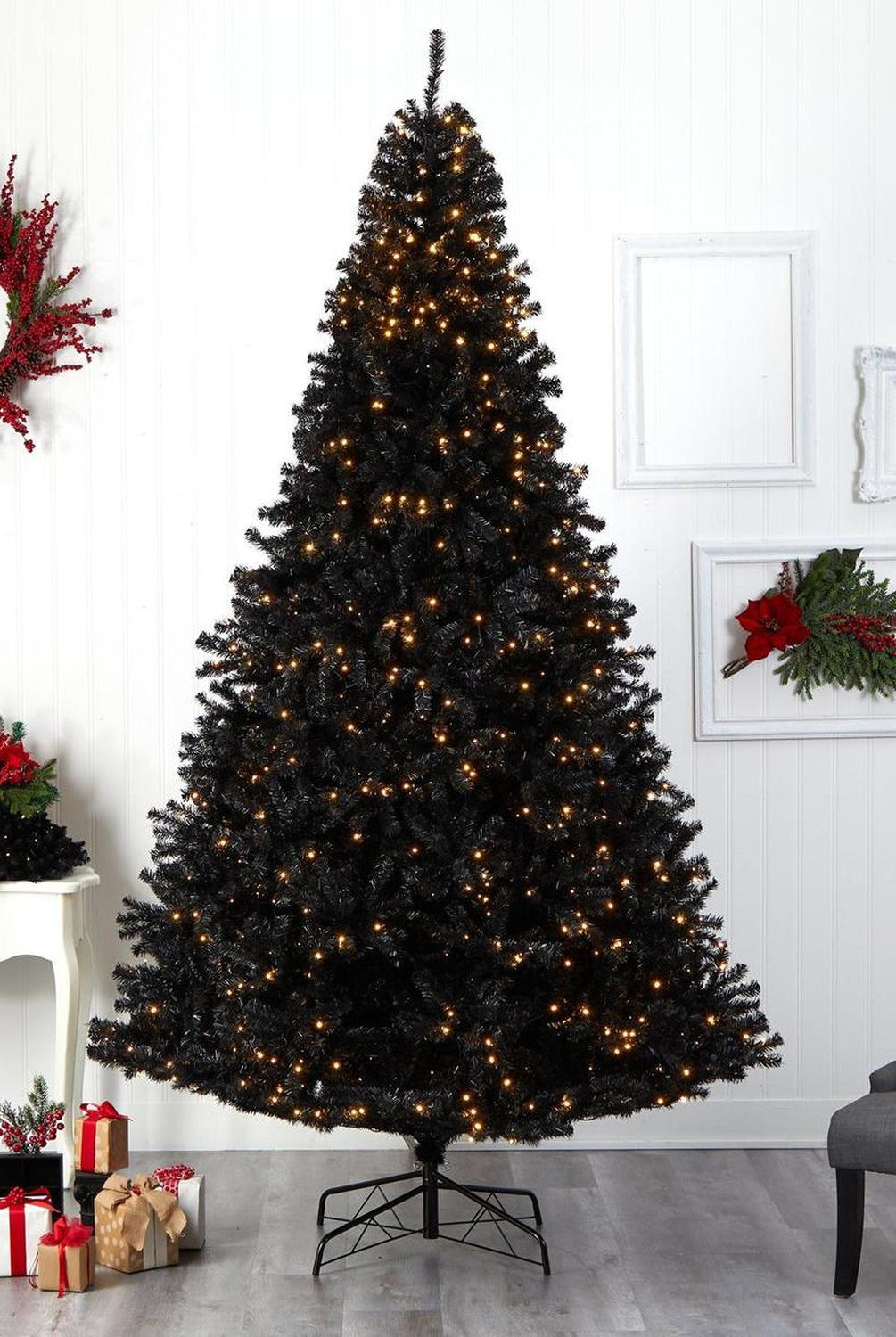 10’ Black Artificial Christmas Tree with 950 Clear LED Lights and 3056 Tips