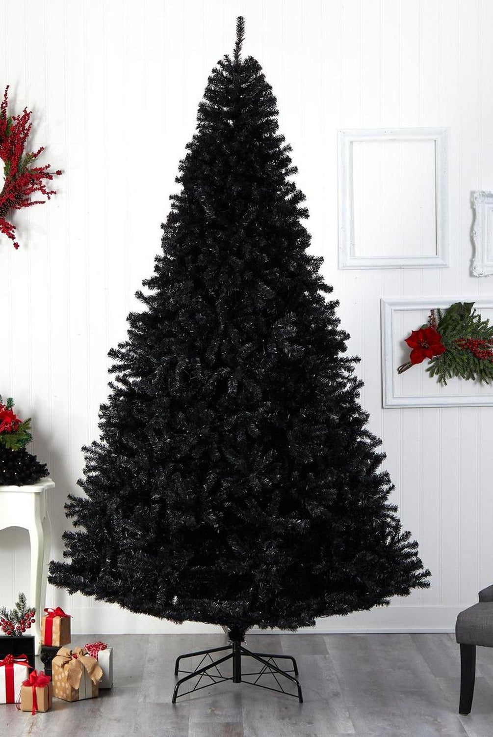 10’ Black Artificial Christmas Tree with 950 Clear LED Lights and 3056 Tips