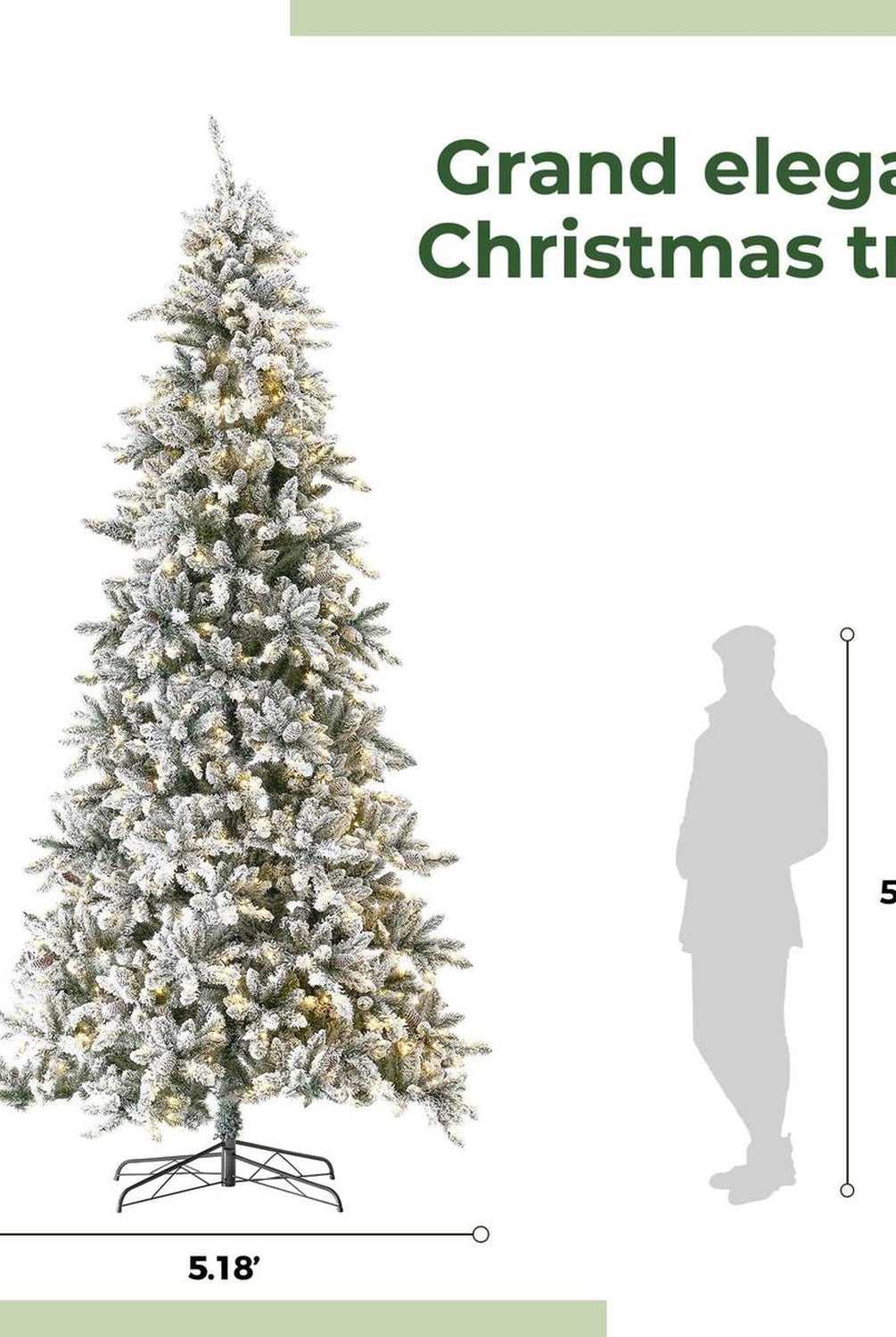 10’ Flocked Livingston Fir Artificial Christmas Tree with Pine Cones, 750 Clear Warm LED Lights and 2424 Bendable Branches