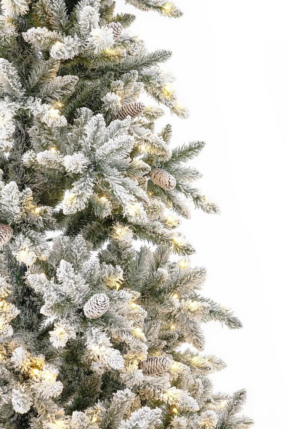 10’ Flocked Livingston Fir Artificial Christmas Tree with Pine Cones, 750 Clear Warm LED Lights and 2424 Bendable Branches